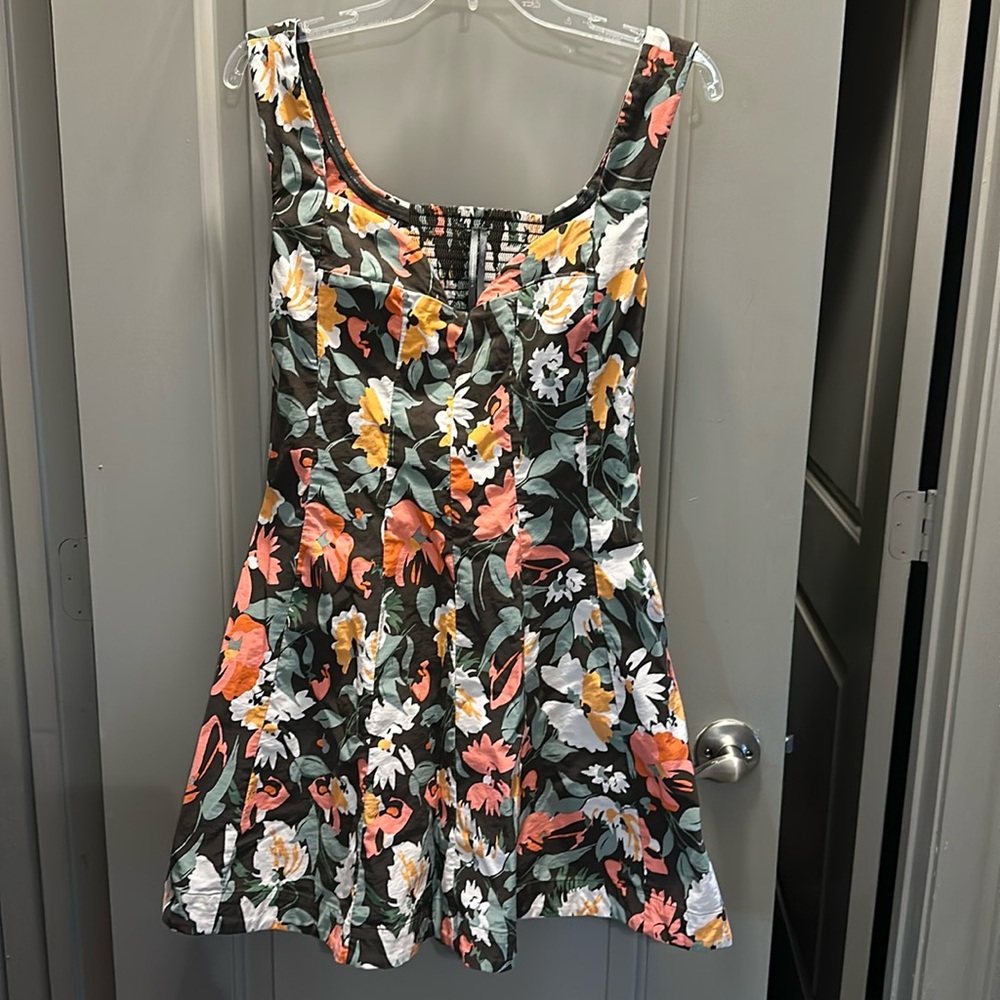 Anthropologie Floral Mini Dress - Black, Orange, White